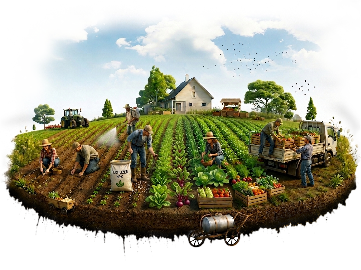 Farming Friend - farmers working in a lush green field with NPK fertilizer and fresh produce