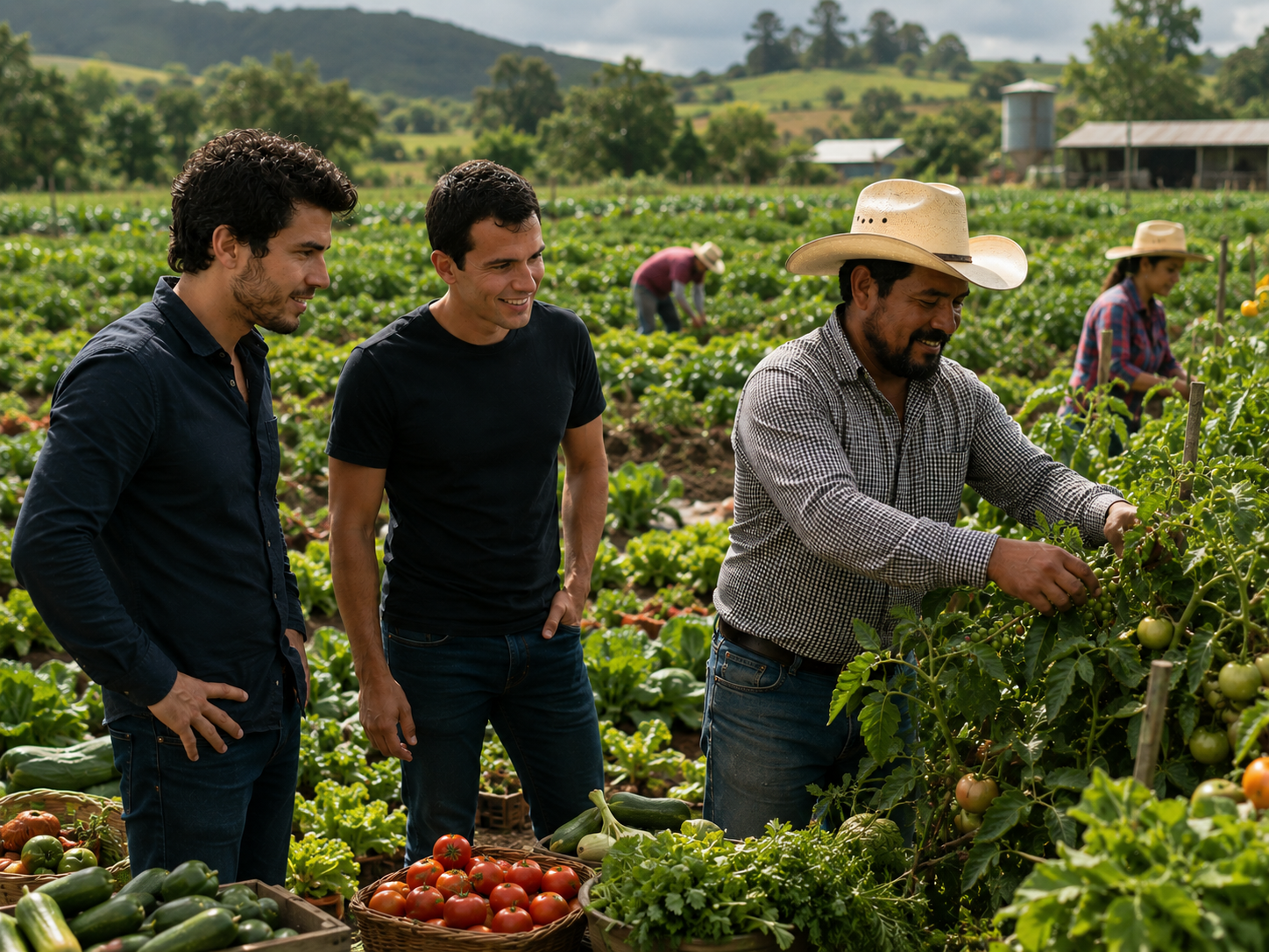 Farming Friend's founders with a farmer inspecting tomato plants in the field